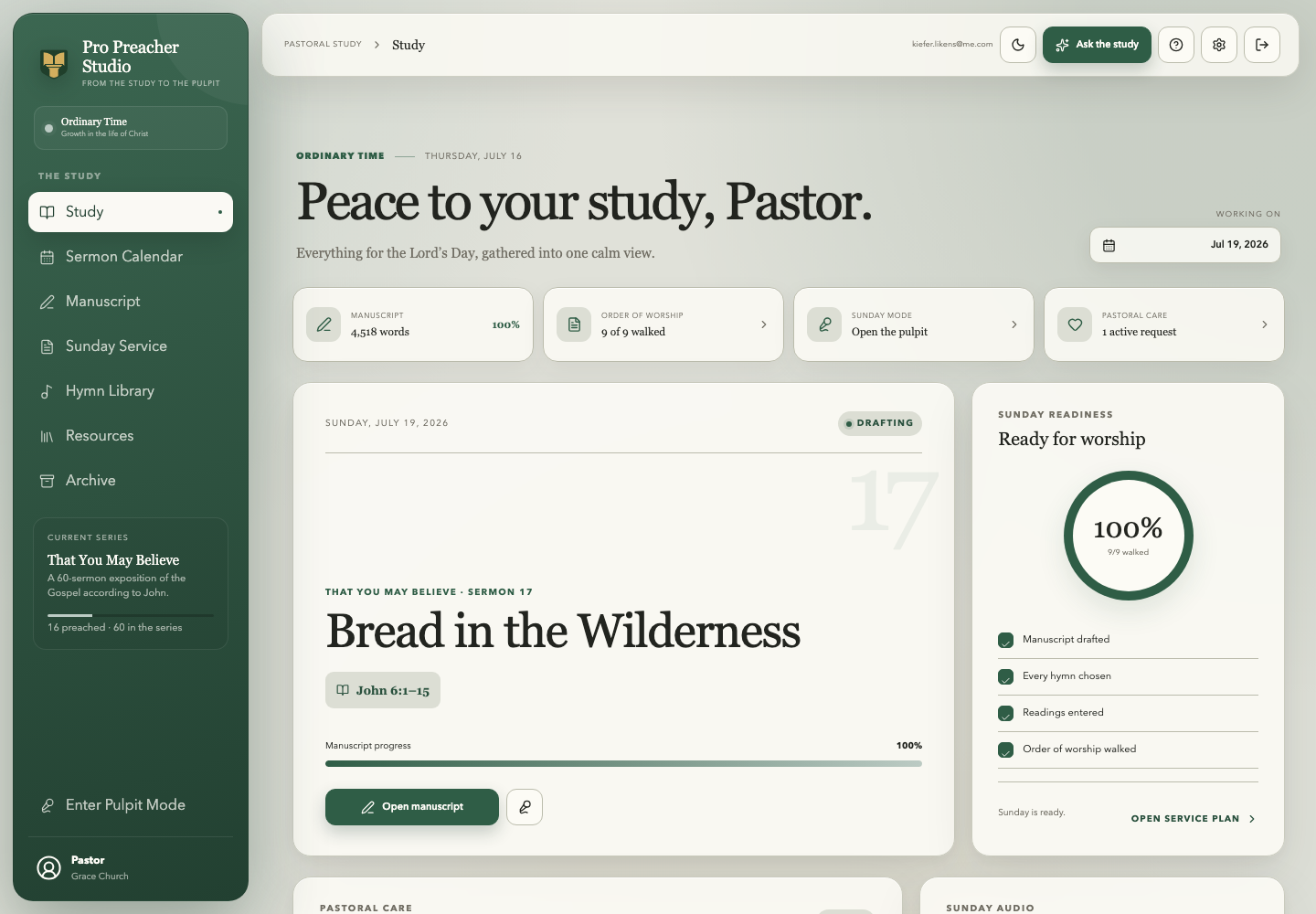 The redesigned Pro Preacher Studio Sunday dashboard