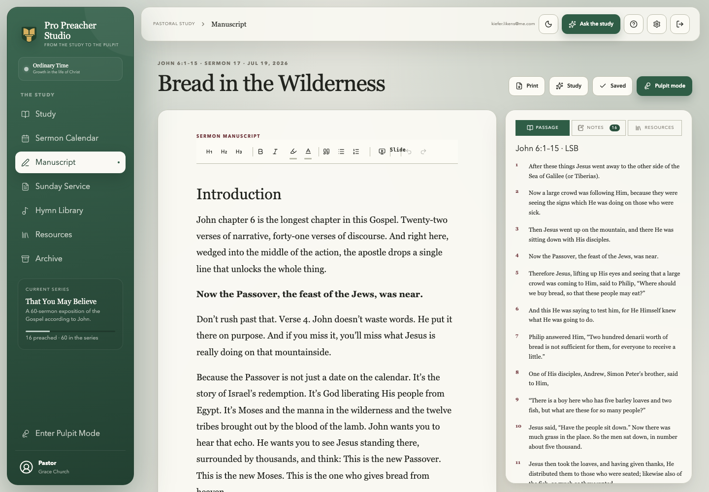 Sermon manuscript editor alongside the Scripture passage
