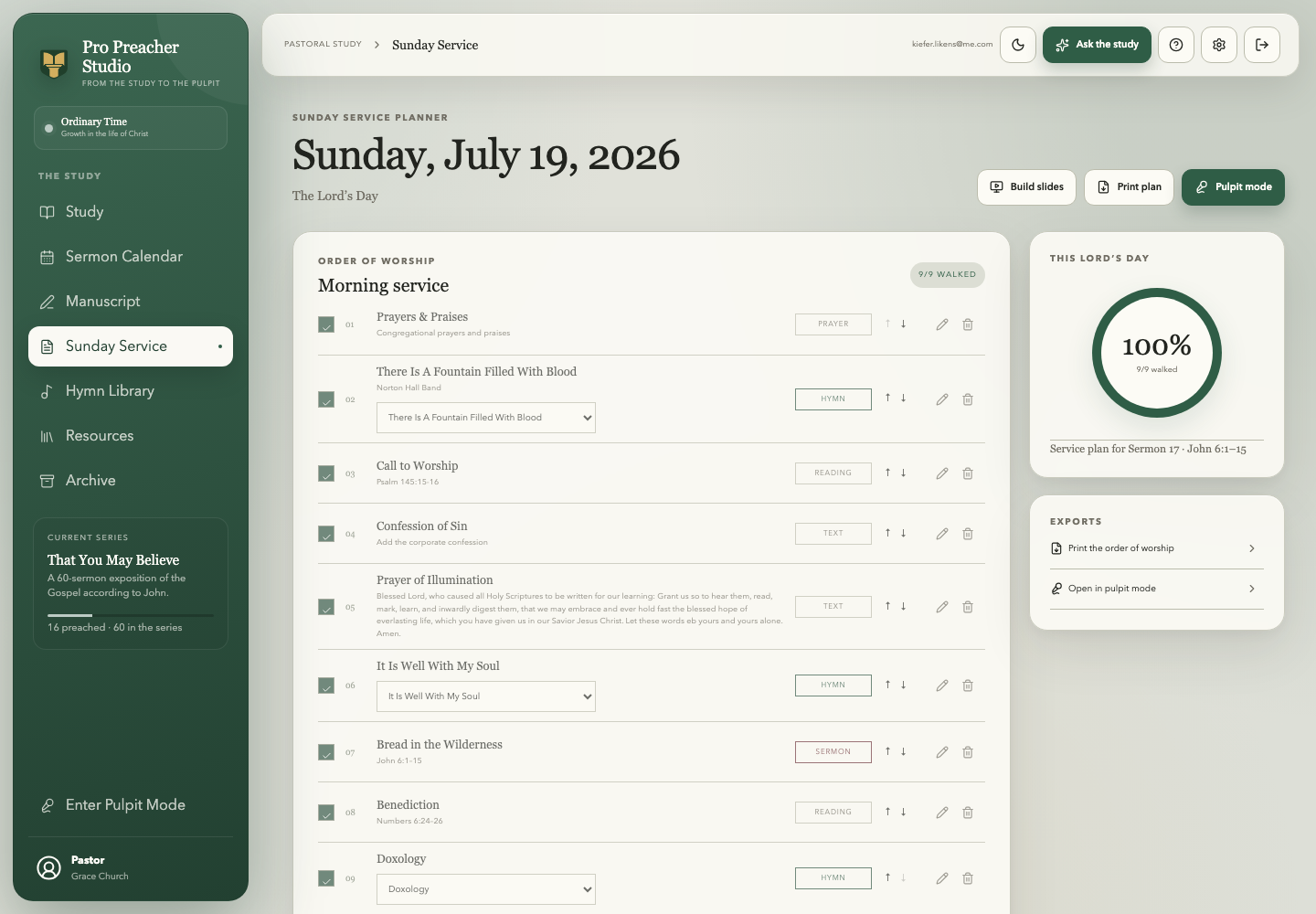 The Sunday service planner and readiness view